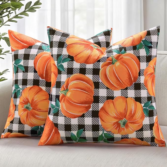 decorUhome Fall Orange Pumpkin Decorative Throw Pillow Covers 20x20 Set of 2, Buffalo Plaid Check Farmhouse Cushion Covers for Autumn Harvest Couch Sofa Bed Home Decor-Ruum Studio Home