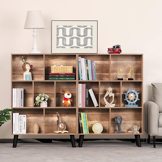 LEYAOYAO 7 Cube Bookshelf 3 Tier Modern Bookcase with Legs,Wood Book Shelves Storage Organizer Shelf,Free Standing Bookcases,Oak Display Bookshelves-Ruum Studio Home