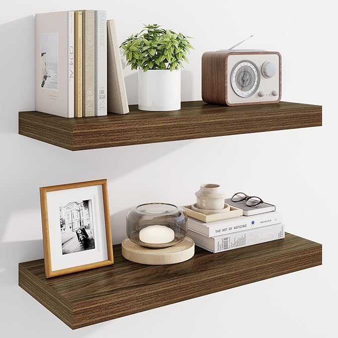 Marsmiles 24" Floating Shelves for Wall, Wooden Shelves with Invisible Brackets Set of 2, Rustic Farmhouse Wall Mounted Shelf for Kitchen Bathroom Living Room Study, Walnut-Ruum Studio Home