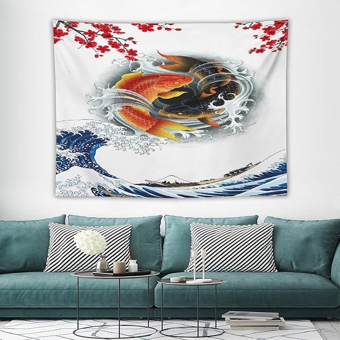 Houselerax Koi Fish Tapestry, Japanese Style Yin Yang Big Wave Cherry Blossoms Tapestries Wall Hanging for Bedroom Living Room Office Decor 80"x60"-Ruum Studio Home