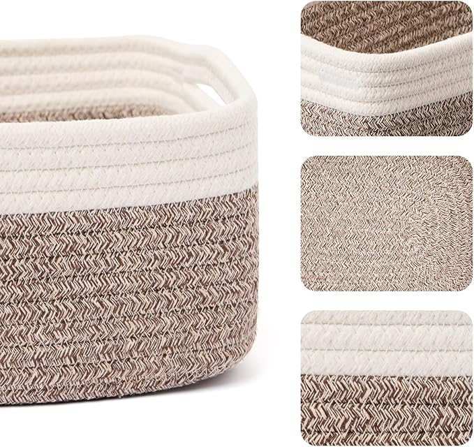 Small Storage Baskets for Organizing | Closet Organizer Bins | Shelf Toy Basket | Woven Rope Baskets | Cube Decorative Box | Shallow Basket | 13x8.5x5.1” | 3 Packs White Brown-Ruum Studio Home