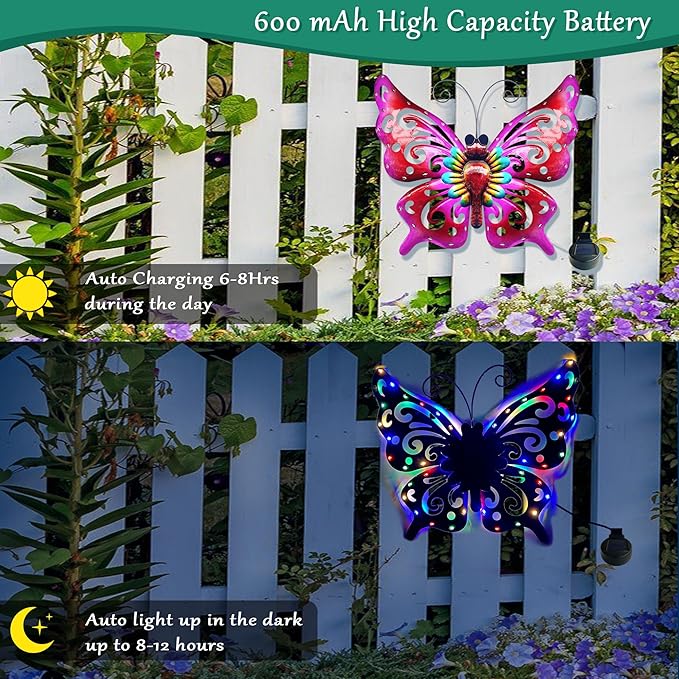 Solar Garden Light, Metal Butterfly Wall Art, 19" Large Hanging Decor for Garden Patio Fences Porch Yard Art Outdoor Wall Decor, Weatherproof Decorative Lighting, Housewarming Wedding Birthday Gift-Ruum Studio Home