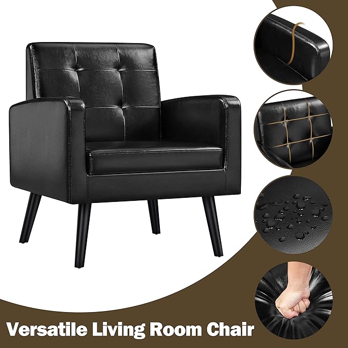 Yaheetech Mid-Century Accent Chairs, PU Leather Modern Upholstered Living Room Chair, Cozy Armchair Button Tufted Back and Wood Legs for Bedroom/Office/Cafe Black 2PCS-Ruum Studio Home