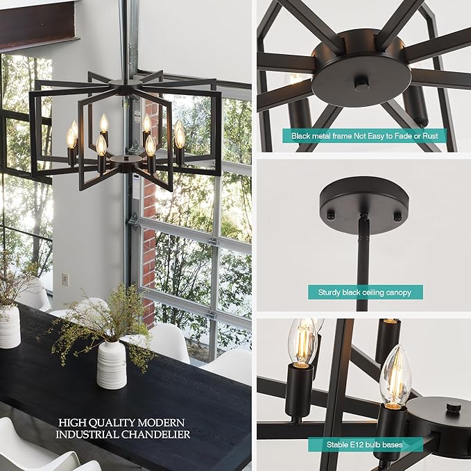 Modern Farmhouse Black Chandeliers for Dining Room, 8-Light Industrial Metal Chandeliers Geometric Pendant Lights Kitchen Island for Entryway Stairway Foyer Hallway-Ruum Studio Home