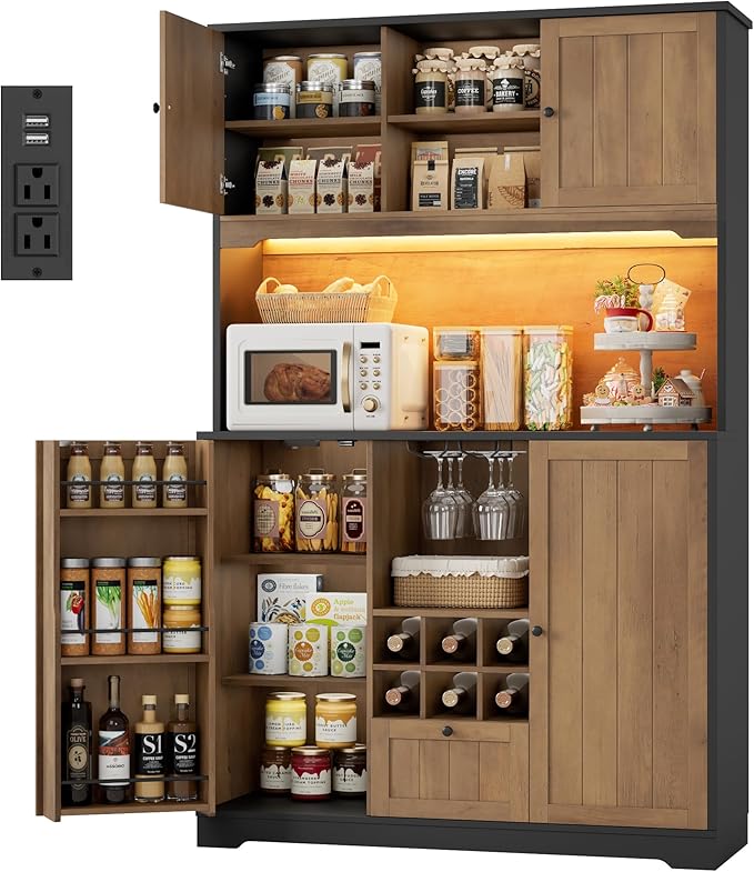 FINETONES 71" Pantry Cabinet with LED Light and Charging Station, Kitchen Pantry Cabinet with Microwave Stand, Kitchen Hutch Food Storage Cabinet with Outlet and Wine Racks, Black/Brown-Ruum Studio Home