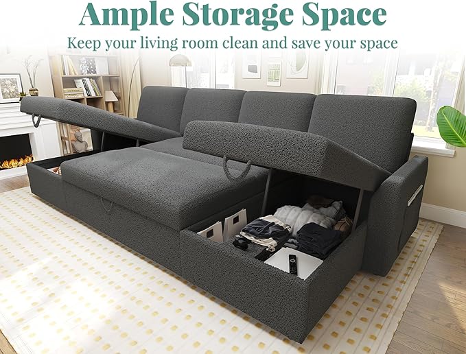 VanAcc Sleeper Sofa, 110 inch Oversize - 2 in 1 Pull Out Bed, Sectional Sleeper Sofa with Double Storage Chaise for Living Room, Grey Boucle Couch-Ruum Studio Home