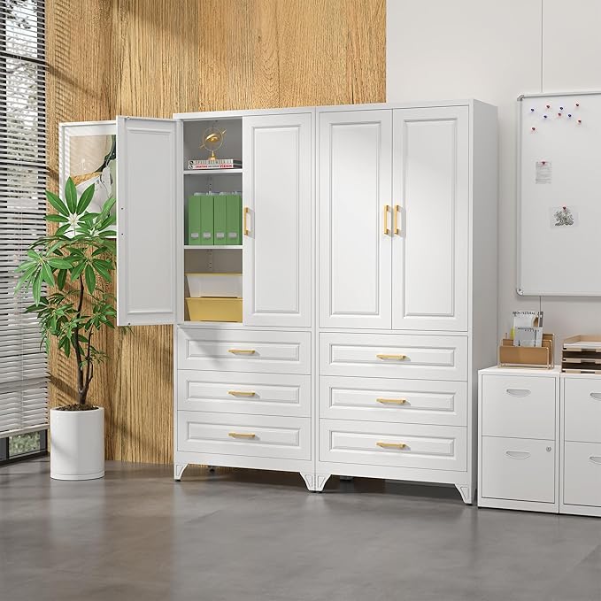 75" Kitchen Pantry Cabinet with 3 Drawer,Metal Storage Cabinets with Doors and 4 Adjustable Shelves,White Kitchen Cabinet with 2 Gold Handles,Food Cupboard for Livingroom,Pantry, Bathroom-Ruum Studio Home