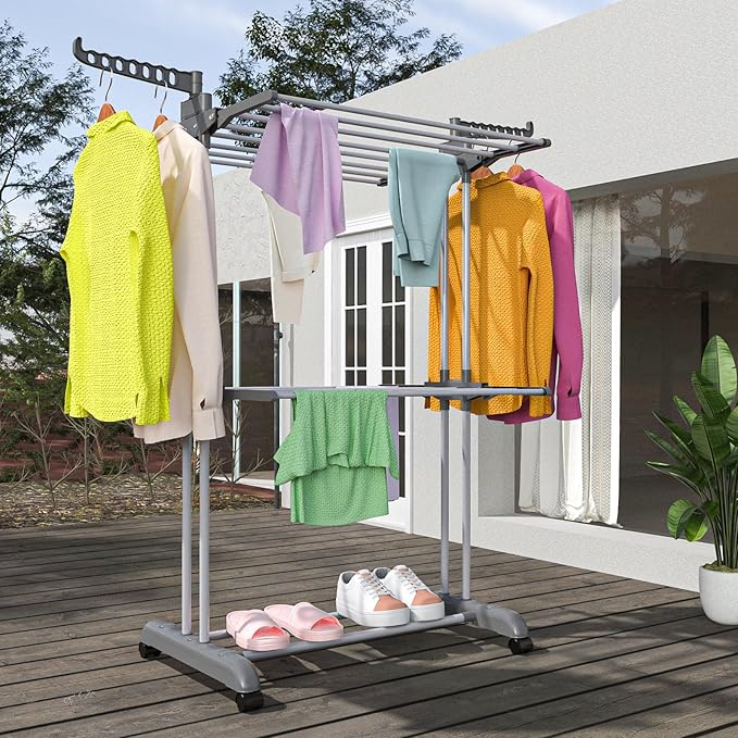 Bigzzia 3 Tier Clothes Drying Rack, 57 Inch Laundry Drying Rack, Foldable Stainless Steel Kids Clothing Rack, Movable Laundry Rack for Indoor Outdoor - Grey-Ruum Studio Home