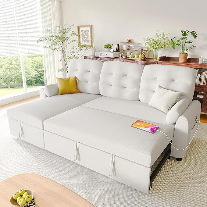 Ucloveria Sleeper Sofa Bed, 86" Convertible Sectional Sofa Couches for Living Room, 4 in 1 Pull Out Couch Bed with Reversible Storage Chaise | USB Ports | Side Pockets | Removable Backrest-Ruum Studio Home