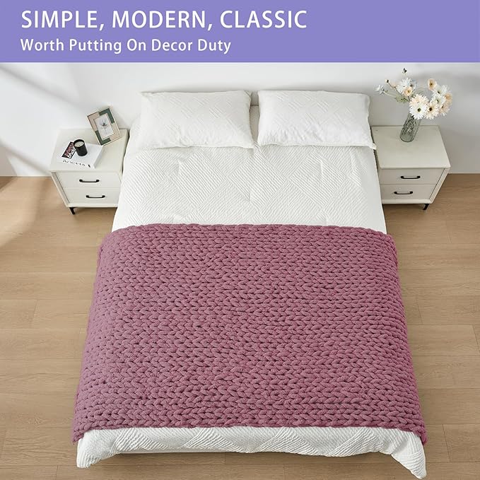 Bigacogo Chunky Knit Throw Blanket for Couch, 40x80 inches, 100% Hand Knitted with Thick Jumbo Chenille Yarn, Cozy Soft Large Rope Knot Cable Crochet Blankets for Sofa Bed Living Room, Burnt Rose-Ruum Studio Home