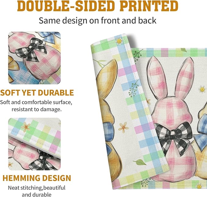 Easter Bunny Placemats Set of 4 Green Blue Pink Yellow Buffalo Plaid Rabbits Floral Bow Place Mats 12x18 Inch Happy Easter Table Mats for Spring Party Kitchen Dining Holiday Decor-Ruum Studio Home