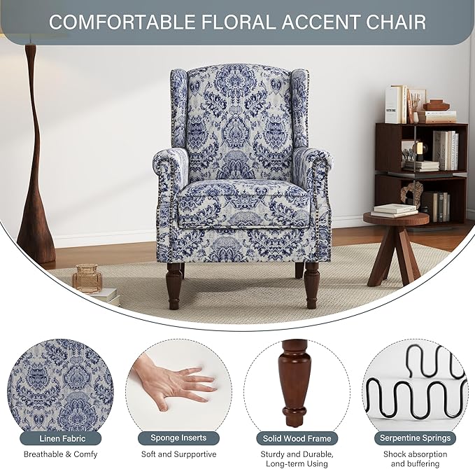 UIXE High Back Floral Accent Chairs Set of 2, Upholstered Armchair in Fabric, Retro Printed Wingback Arm Chair for Living Room, Nailhead Trim Single Sofa Bedroom Reading Seat - Navy Blue-Ruum Studio Home