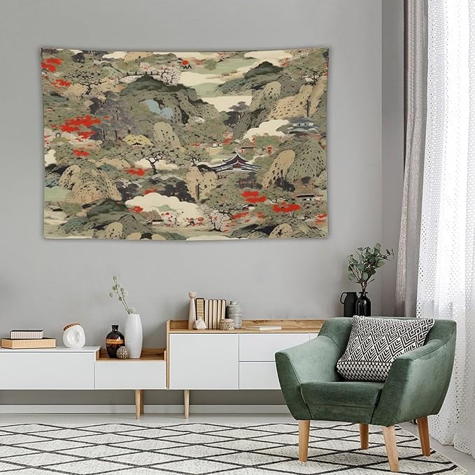 Asian Tapestry,Japanese Red Landscape Asian Watercolor Abstract Art Tapestry, Asian Japanese Wall Tapestry, Nature Landscape Tapestries for Bedroom Living Room Decor 90"x60"-Ruum Studio Home
