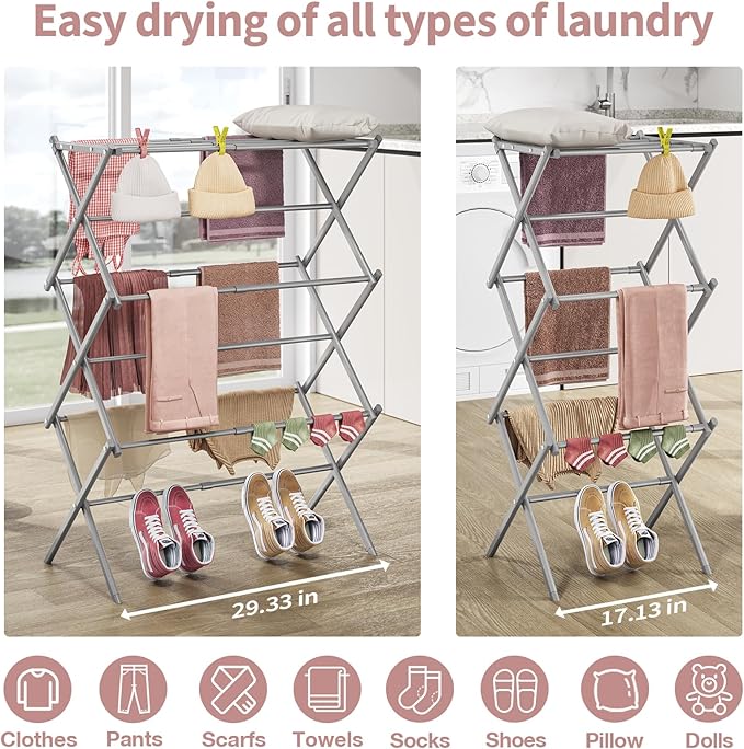APEXCHASER Clothes Drying Rack, 3-Tier Laundry Drying Rack for Clothes, Expandable Metal Clothing Dryer, Collapsible Towel Rack, Air Drying Rack, Grey-Ruum Studio Home