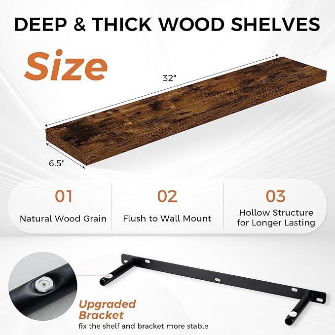 32Inch Floating Shelves for Wall 2 Pack Wood Shelves for Kitchen, Bathroom, Bedroom Wall Mounted Rustic Wood Floating Shelf with Invisible Brackets for Books, Storage, Decor, Rustic Brown-Ruum Studio Home