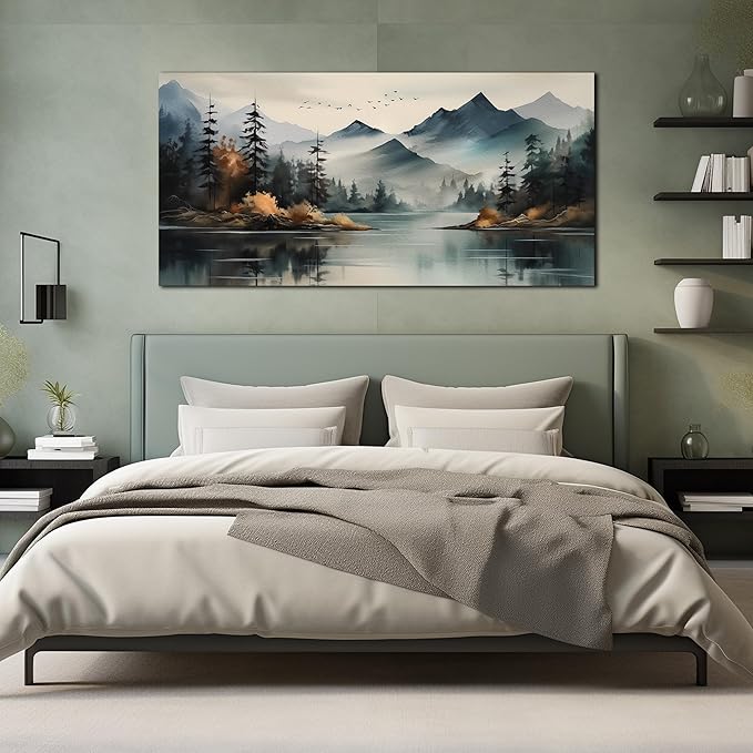 Rustic Wall Art for Living Room Large Size Teal Mountain Tree Landscape Canvas Wall Art for Bedroom Office Decor 29 x 59 Inch-Ruum Studio Home