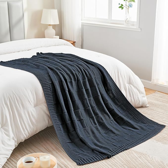 CozeCube Check Knit Throw Blanket, Midnight Navy Checkered Throw for Couch, Decorative Christmas Soft Cozy Warm Knitted Blanket for Bed Sofa Living Room, 50"X60"-Ruum Studio Home