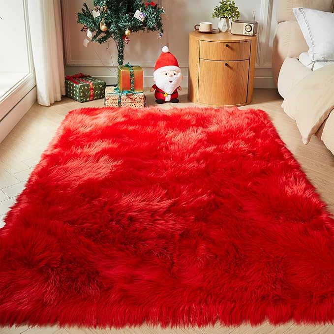 AMTOVO Faux Fur Sheepskin Rug for Living Room, 4 x 6 ft Red Fluffy Area Rug for Bedroom, Playroom, Luxury Room Decor, Rectangle-Ruum Studio Home