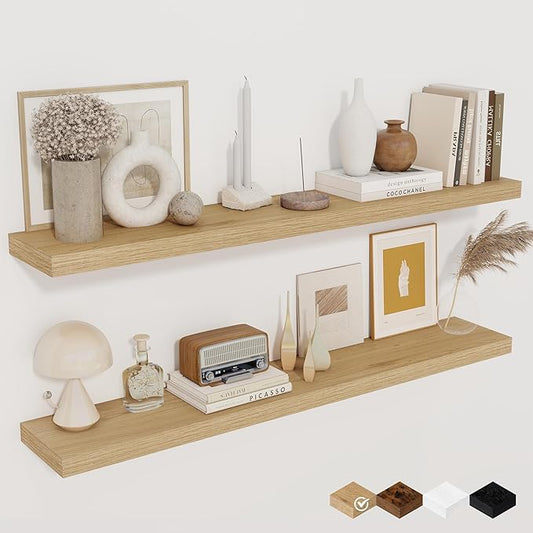 Fun Memories Floating Shelves for Wall, 40" Rustic Wood Deep Wall Mounted Shelves with Invisible Brackets for Decor & Storage, Floating Shelf for Living Room, Bathroom (Oak, Set of 2)-Ruum Studio Home