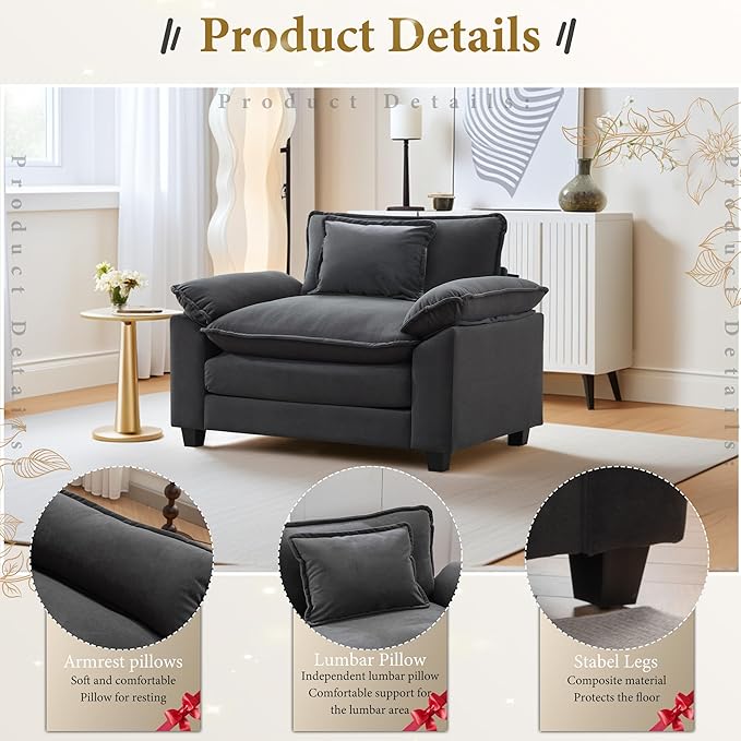 URRED Modular Sectional Sofa Comfy Cloud Couch, Modern Velvet Sofa Sleeper Deep Seat Couches with Ottoman/Pillows for Living Room (Dark Gray, 53'')-Ruum Studio Home