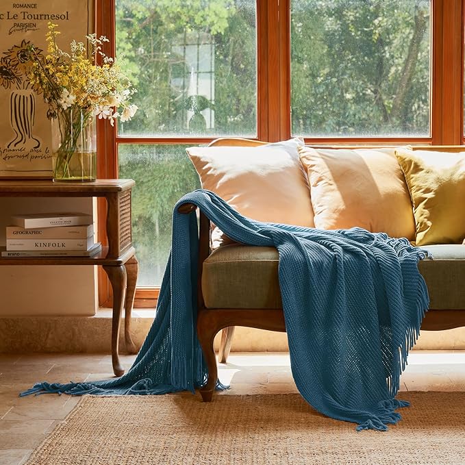 lifein Throw Blanket for Couch, Soft Boho Decor Bed Throw,Cozy Blue Chenille Knitted Small Farmhouse Lightweight Throw for Spring(Sky Blue,60 * 80")-Ruum Studio Home