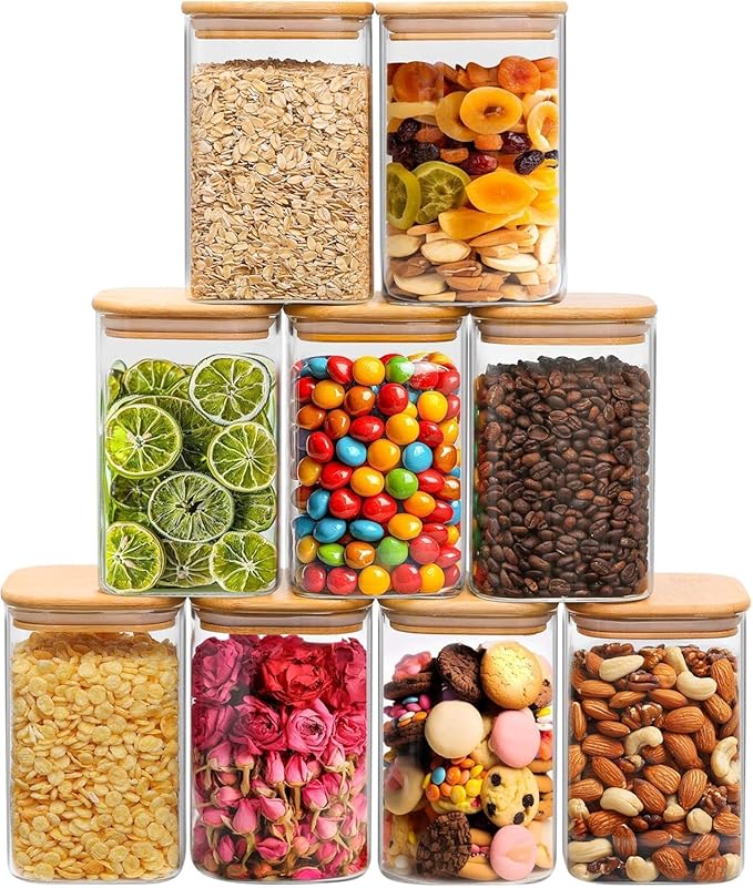 ComSaf 1.2 Qt Glass Storage Containers with Lids, Glass Jars with Lids, Clear Food Storage Jar, Square Canister Set of 9, Pantry Organizers and Storage for Cookie Flour Oat Pasta Tea Coffee Bean-Ruum Studio Home