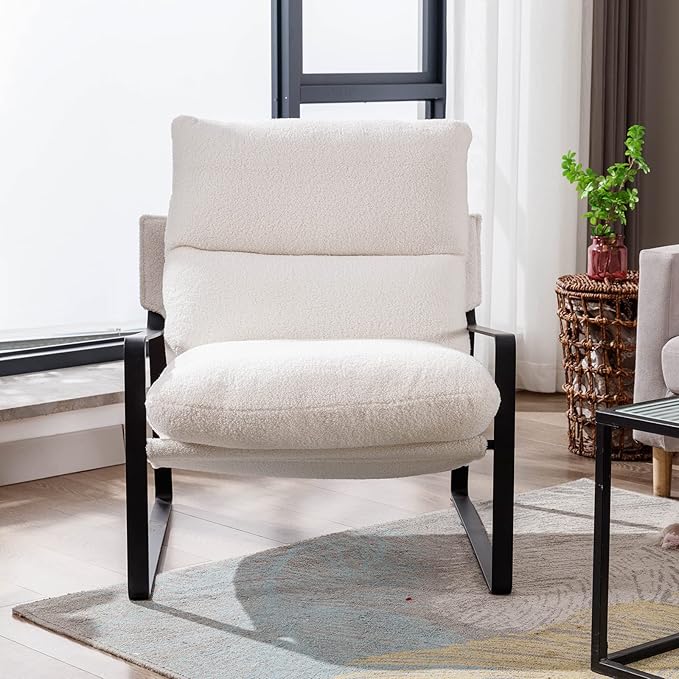 DUOMAY Modern White Sherpa Accent Chair Set of 2, Comfy Lounge Lazy Chair with Metal Leg, Mid-Century Corner Arm Chair for Living Room Bedroom Office Apartment-Ruum Studio Home