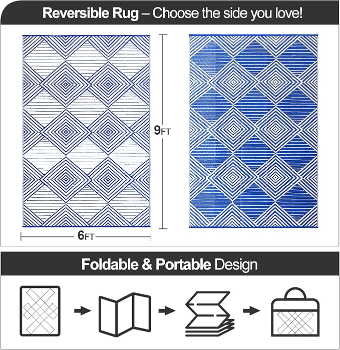 Waterproof Outdoor Rug 6x9ft, Foldable Reversible Plastic Straw Mat for Patio RV Deck Porch Backyard Balcony Camping Picnic Beach Indoor Outdoor Carpet, Blue&White-Ruum Studio Home