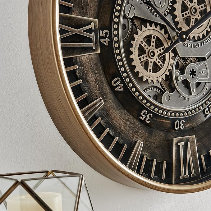 CLXEAST 24 Inch Large Moving Gear Wall Clock for Farmhouse Living Room Decor,Vintage Industrial Bronze Gold Metal Wall Clock for Home Office,House Warming Gifts New Home-Ruum Studio Home