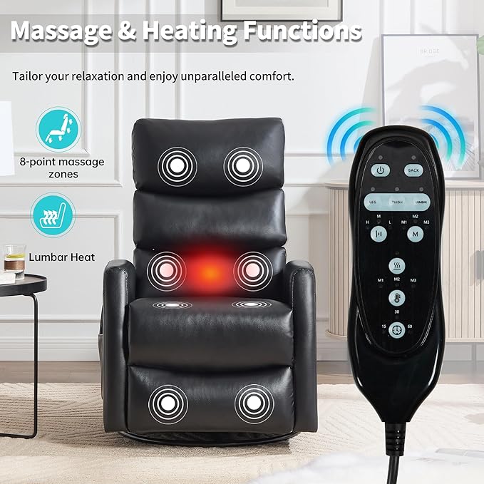 Manual Swivel Rocker Recliner Chair for Adults, Overstuffed Reclining Glider Chair for Nursing with Vibration Massage & Heat, Living Room Rocking Recliner 3-Stage backrest, Faux Leather Black-Ruum Studio Home