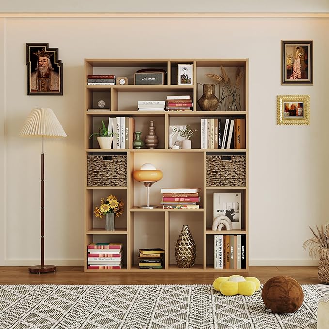 71" Tall 6-Tier Heavy Duty Bookcase with 2 Foldable Storage Baskets, 55" Wide Open Bookshelf with 16 Irregular Cubes for Living Room, Office （Yellow）-Ruum Studio Home