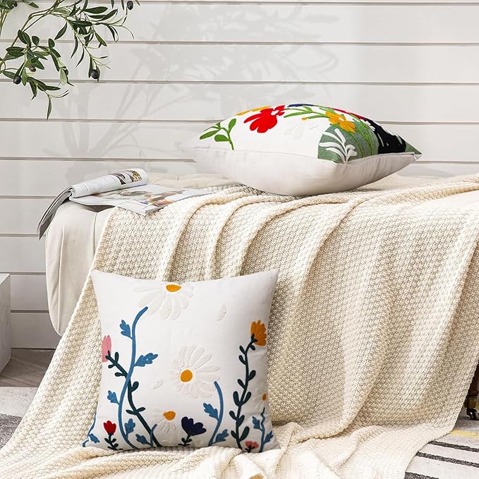 Merrycolor Embroidered Pillow Covers 18x18 Flower Pattern Decorative Throw Pillow Covers Comfortable Cotton Canvas Square Cushion Cases for Sofa Bed Living Room Decor-Ruum Studio Home