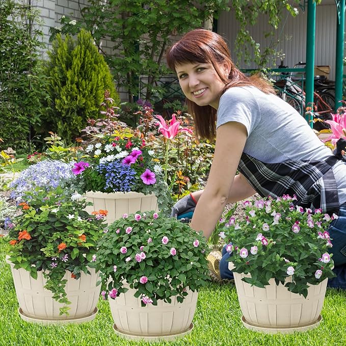 Quarut 10 inch Plastic Flower Pots for Indoor Plants，4 Pack Large Outdoor Planter Pot with Drainage Holes & Saucers，Imitation Wine Barrel Design，for Indoor Outdoor Garden Plants（White）-Ruum Studio Home