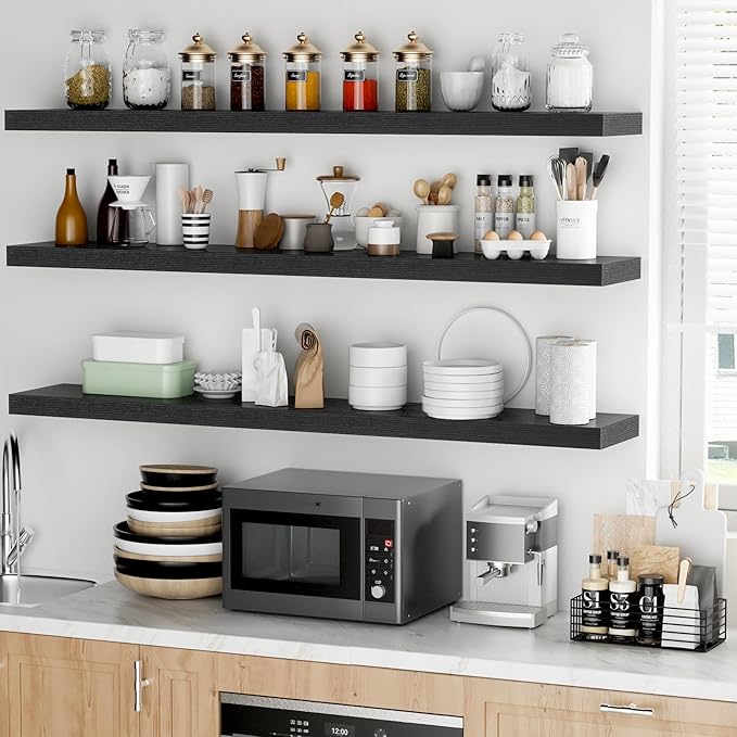 Fun Memories 55 Inch Floating Shelves - 9 Inch Deep Rustic Wooden Wall Shelves - Extra Deeper & Thicker Wall Mounted Storage Shelf for Living Room Kitchen Farmhouse - Rustic Black-Ruum Studio Home