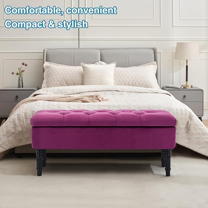 Ottoman with Storage Velvet Storage Bench Holds Up to 500 lbs Ottomans Upholstered Bench with Seating for Bedroom, Living Room, Purple-Ruum Studio Home