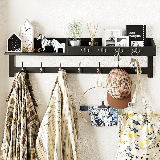AMBIRD 35 inch Wall Hooks with Shelf, Coat Rack Wall Mount, Large Coat Hanger for Wall, Entryway Shelf with 7 Dual Coat Hooks, 4 Key Hooks and Mail Organizer, Wooden Key Holder Rack (Black)-Ruum Studio Home