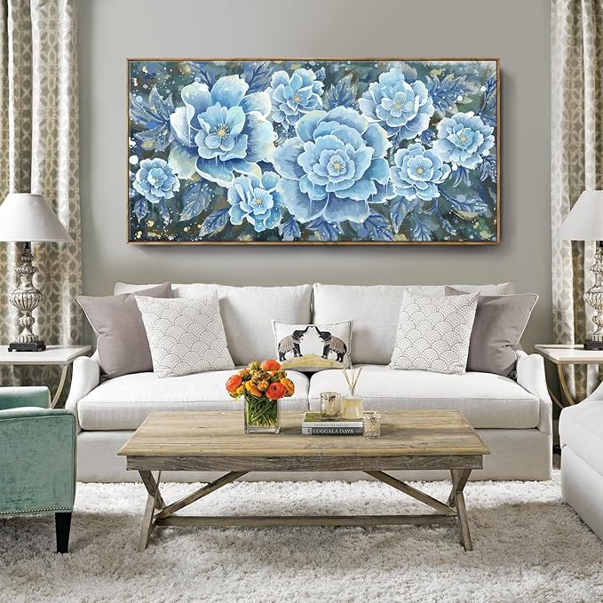 Extra Large Wall Art for Living Room, Framed Big Floral Blue Flower Canvas Print, Modern Oversized Blossom Peony Wall Picture Botanical Artwork for Dining Room Bedroom & Office Décor-Ruum Studio Home
