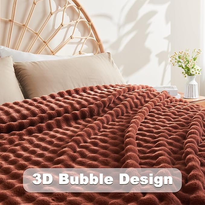 NEWCOSPLAY Faux Fur Twin Blanket Burnt Orange Bubble Blanket Thick Warm Soft for Couch Sofa Bed 550GSM (Burnt Orange, Twin(60"x80"))-Ruum Studio Home