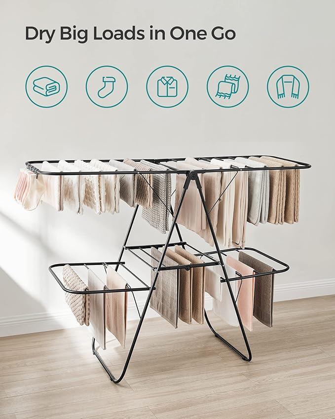 SONGMICS Clothes Drying Rack, Foldable 2-Level Laundry Drying Rack, Free-Standing Laundry Airer, with Height-Adjustable Wings, 33 Drying Rails, Sock Clips, Black ULLR053B01V1-Ruum Studio Home