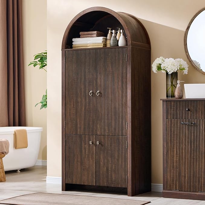 71" Tall Arched Bathroom Storage Cabinet, Modern Fluted Storage Cabinet w/Doors, 3 Adjustable Shelves, 6 Door Shelves, Wood Freestanding Cabinet for Bathroom, Entryway, Hallway, Brown-Ruum Studio Home