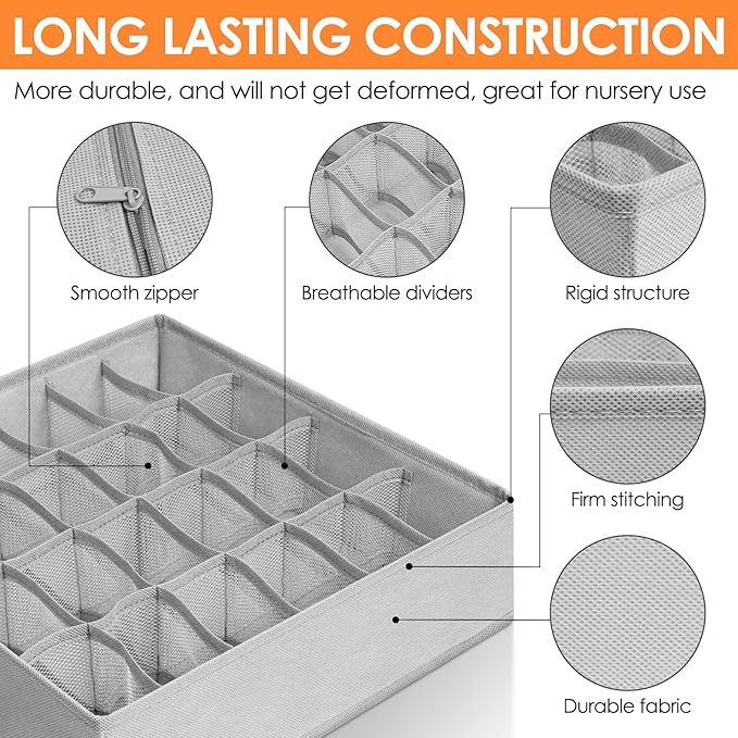 6 Pack Sock Underwear Drawer Organizer Dividers, 58 Cell Foldable Fabric Dresser Closet Organizers and Storage Bins for Clothing, Baby Clothes, Bra, Panty, Scarf, Ties (Grey)-Ruum Studio Home