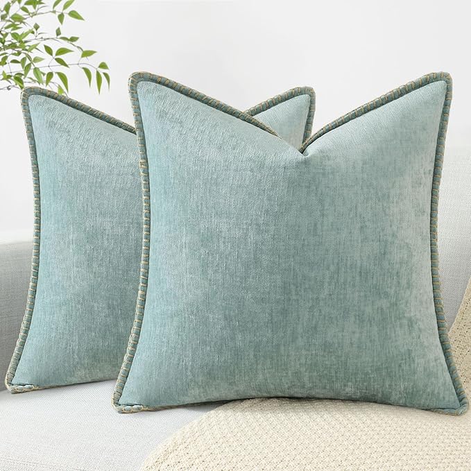 decorUhome Chenille Soft Throw Pillow Covers 26x26 Set of 2, Farmhouse Velvet Neutral Decorative Euro Pillow Covers with Stitched Edge for Couch Sofa Bed Home Decor, Aqua Haze-Ruum Studio Home