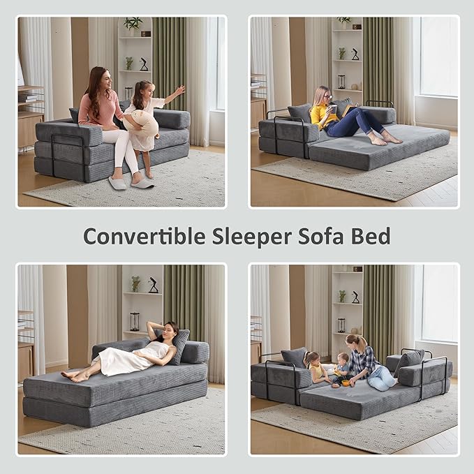 Convertible Sleeper Sofa Bed, Compression Folding Sofa with Pillow, No Assembly Required, Shape Frame, Floor Sofas Lounge Couch for Living Room, Bedroom, Small Spaces(Corduroy, 77''W, Dark Grey)-Ruum Studio Home