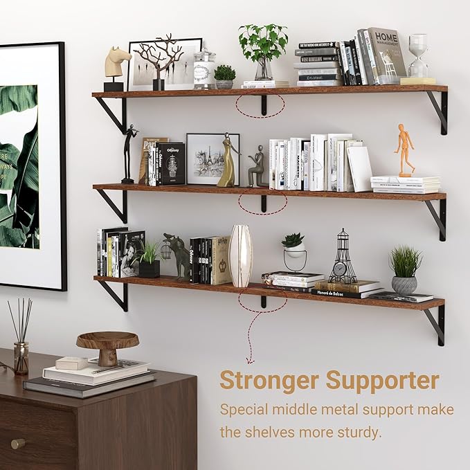 Heimlove 48 Inch Large Wall Bookshelves Set of 3, Wall Mounted Bookshelves,Heavy Duty Wooden Shelves for Living Room,Bedroom,Kitchen,Laundry Room Storage & Decor-Ruum Studio Home