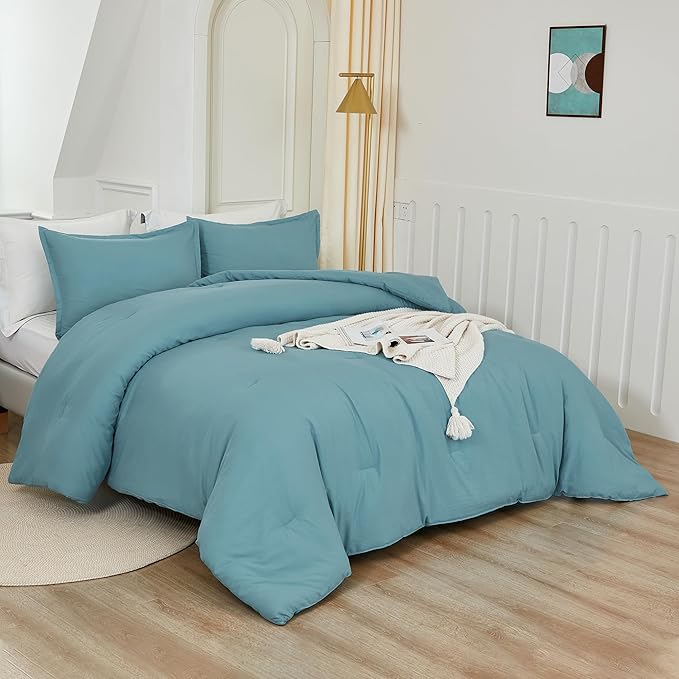 Litanika Comforters Grayish Teal Oversized Queen Size, 3 Pieces Lightweight Solid Bedding Comforter Set, All Season Fluffy Bed Set (98x98In Comforter & 2 Pillowcases)-Ruum Studio Home