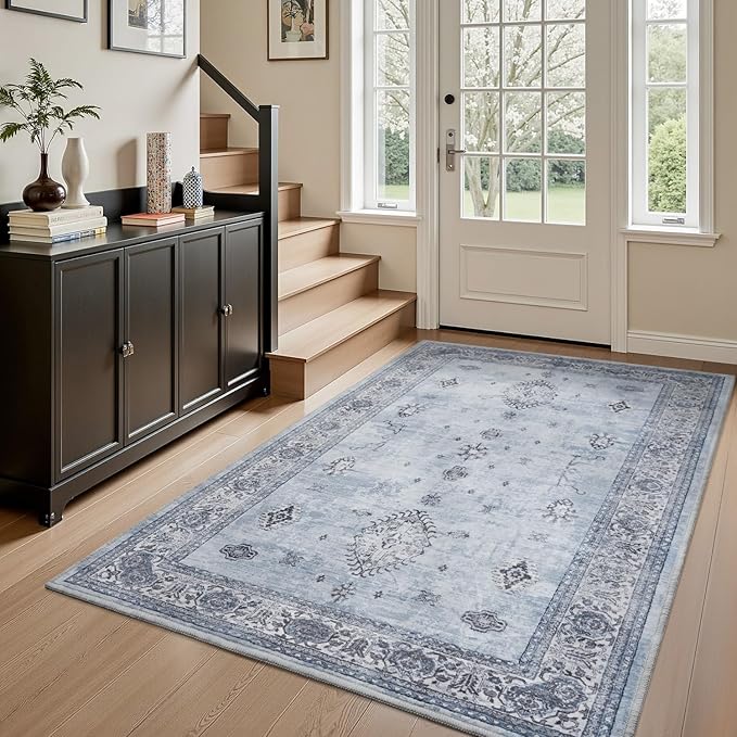 AMOAMI-Vintage Area Rug 4x6 Blue Rugs for Living Room-Soft Living Room Rug Non Slip Rugs for Bedroom Carpet Machine Washable Rug for Dining Room Bedside Office Room Decor-Ruum Studio Home