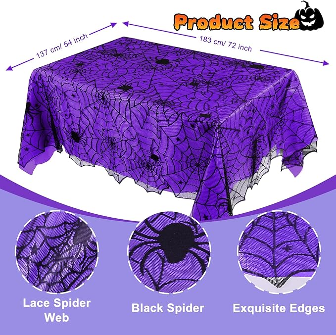 2Pcs Halloween Tablecloths, Black Lace & Purple Lined Rectangular Table Cloth, Spider Web Table Cover for Scary Halloween Decorations Indoor, 54 x 72 Inch-Ruum Studio Home