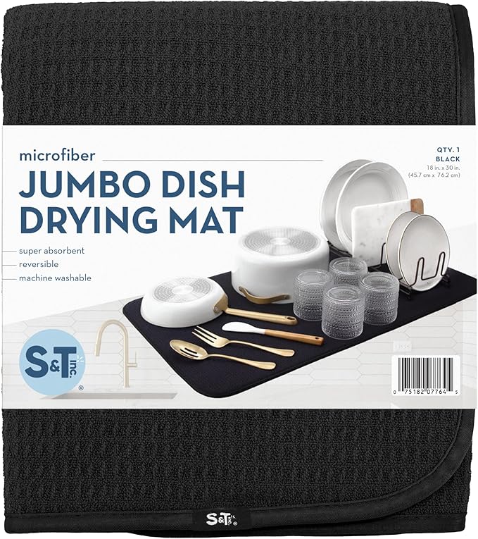 S&T INC. Dish Drying Mat Jumbo, 18” x 30”, Absorbent Microfiber Kitchen Counter Mat, Dish Drying Pad for Dishes, Utensils, Pots and Pans, Jumbo, Black-Ruum Studio Home