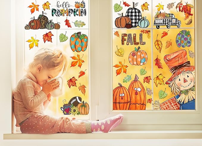 Fall Window Clings Decorations for Glass Fall Watercolor Pumpkin Maple Leaves Scarecrow Truck Window Stickers for Autumn Thanksgiving Harvest Party Home Window Decals Decor-Ruum Studio Home