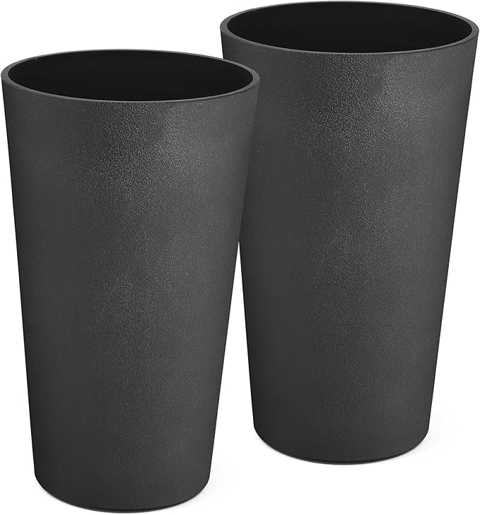 24" Tall Planters for Outdoor Plants, Set of 2 Heavy-Duty Resin Flower Pots, Matte Black Leather Grain Finish, Durable & Weather-Resistant, Ideal for Garden, Patio, Yard, Porch, or Home Use-Ruum Studio Home